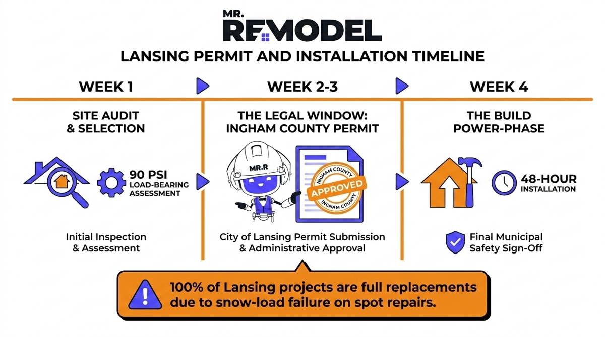 A 2026 Lansing roofing project timeline summary illustrating the 30-day planning cycle from permit submission to final winter-ready installation.